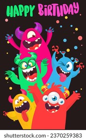 Сartoon monsters set. Birthday party invitation or poster design with different creatures celebrating. Vector illustration. Great for children holiday.