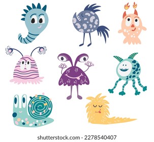 Monsters set. Collection of cute cartoon aliens. Perfect for Baby posters, cards, prints clothes. Vector childish funny doodle illustration.