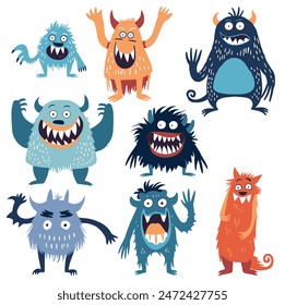 Monsters Set: Creepy Creatures, Monster Icons, Flat Vector Illustrations