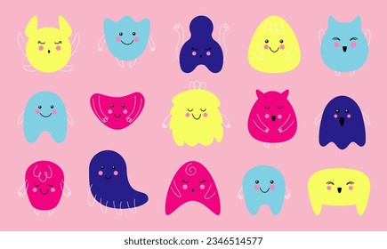 Monsters set. Cute abstract creatures. Different geometric forms with eyes and mouth, Happy color mascots. Childish decor, funny simple characters Vector cartoon minimal isolated illustration