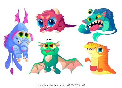 Monsters set, cute cartoon characters, funny aliens, strange animals or Halloween creatures with smiling toothed muzzles, dragon wings, trunk and big eyes. Whimsical spooky mascots Vector illustration