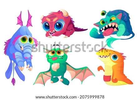 Monsters set, cute cartoon characters, funny aliens, strange animals or Halloween creatures with smiling toothed muzzles, dragon wings, trunk and big eyes. Whimsical spooky mascots Vector illustration