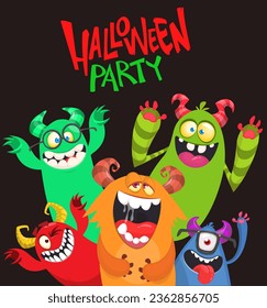 Сartoon monsters set. Halloween party invitation or poster design with different creatures celebrating. Vector illustration