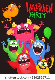 Сartoon monsters set. Halloween party invitation or poster design with different creatures celebrating. Vector illustration