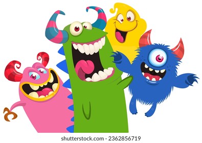 Сartoon monsters set. Halloween party invitation or poster design with different creatures celebrating. Vector illustration