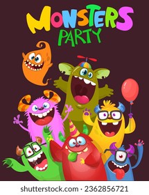 Сartoon monsters set. Halloween party invitation or poster design with different creatures celebrating. Vector illustration