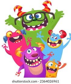 Сartoon monsters set. Halloween party invitation or poster design with different creatures celebrating. Vector illustration