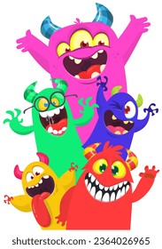 Сartoon monsters set. Halloween party invitation or poster design with different creatures celebrating. Vector illustration