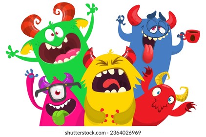 Сartoon monsters set. Halloween party invitation or poster design with different creatures celebrating. Vector illustration