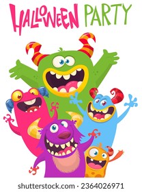 Сartoon monsters set. Halloween party invitation or poster design with different creatures celebrating. Vector illustration