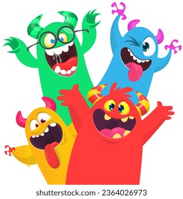 Сartoon monsters set. Halloween party invitation or poster design with different creatures celebrating. Vector illustration