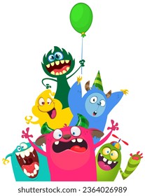 Сartoon monsters set. Halloween party invitation or poster design with different creatures celebrating. Vector illustration