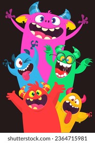 Сartoon monsters set. Halloween party invitation or poster design with different creatures celebrating. Vector illustration