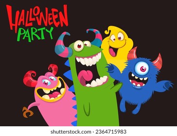 Сartoon monsters set. Halloween party invitation or poster design with different creatures celebrating. Vector illustration