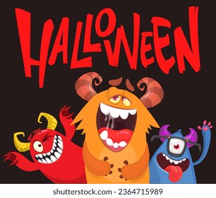 Сartoon monsters set. Halloween party invitation or poster design with different creatures celebrating. Vector illustration