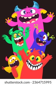 Сartoon monsters set. Halloween party invitation or poster design with different creatures celebrating. Vector illustration