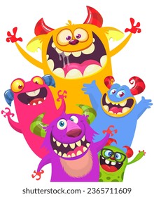 Сartoon monsters set. Halloween party invitation or poster design with different creatures celebrating. Vector illustration