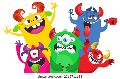 Сartoon monsters set. Halloween party invitation or poster design with different creatures celebrating. Vector illustration