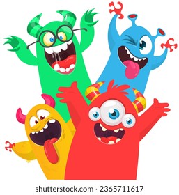 Сartoon monsters set. Halloween party invitation or poster design with different creatures celebrating. Vector illustration