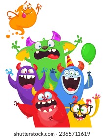 Сartoon monsters set. Halloween party invitation or poster design with different creatures celebrating. Vector illustration