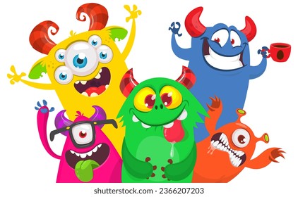 Сartoon monsters set. Halloween party invitation or poster design with different creatures celebrating. Vector illustration