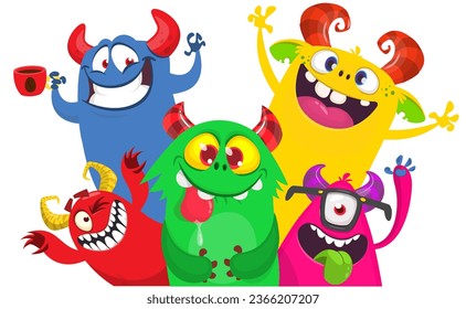 Сartoon monsters set. Halloween party invitation or poster design with different creatures celebrating. Vector illustration