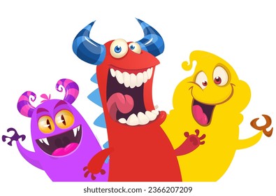 Сartoon monsters set. Halloween party invitation or poster design with different creatures celebrating. Vector illustration