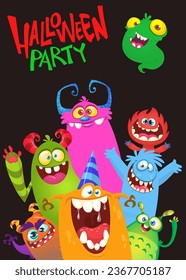 Сartoon monsters set. Halloween party invitation or poster design with different creatures celebrating. Vector illustration