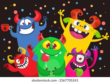 Сartoon monsters set. Halloween party invitation or poster design with different creatures celebrating. Vector illustration