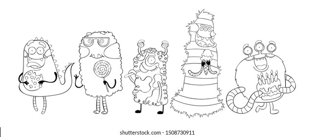 Monsters. Set. Isolated vector objects on white background. Black and white drawing.