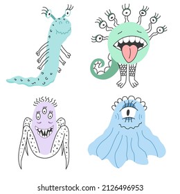 Monsters set of vector doodle characters. Invented comic monsters hand-drawn. Funny simple monster characters