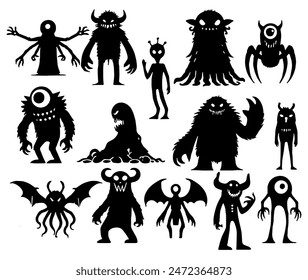 Monsters Silhouette: Creatures of Myth and Legend, Flat Vector Illustration