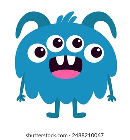 Monsters silhouette icon. Happy Halloween. Cute blue monster standing. Four eyes, fangs, fur. Cartoon kawaii funny baby character. Childish style. Flat design. Isolated. White background. Vector