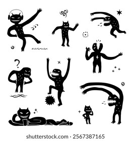 monsters silhouettes isolated cartoon collection , vector design element set