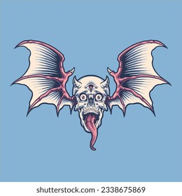 monsters skull head flying illustration for tshirt design, logo, or stickers