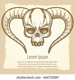 Monsters skull with horns on vintage background, vector llustration