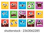 Monsters square avatars. Monsters kids portrait, comic strange mascot funny troll face geometric emoticon smile halloween crazy character, cartoon alien vector illustration of cartoon character square