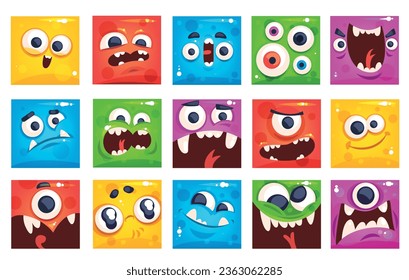 Premium Vector  Cute monster faces cartoon design with halloween emoticons  and emojis. funny demon, zombie or vampire, happy alien, cyclop and troll,  gremlin and ghost with crazy smiles and eyes, comic