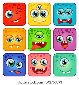 Monsters. Square cartoon faces with different emotions isolated on white background