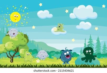 monsters with teeth, their various emotions in a forest clearing