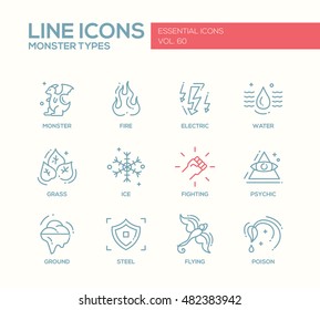 Monsters types - set of modern vector plain line design icons and pictograms. Fire, electric, water, grass, ice, fighting, psychic, ground, steel, flying, poison