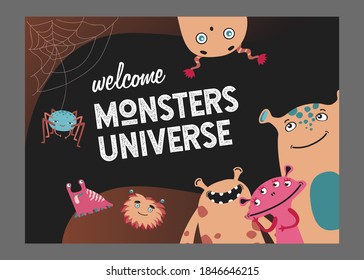Monsters universe page cover design. Cute funny creatures or beasts vector illustrations with text. Show for kids concept for poster or website background template