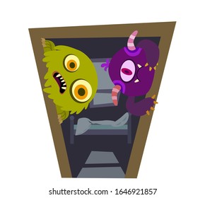 Monsters are waiting for a child in a dark room. Children's fear of the dark. Vector illustration.
