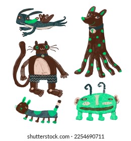 Monsters watercolor charector design set isolated on a white background. Cute animal illustration. children art, doodle style