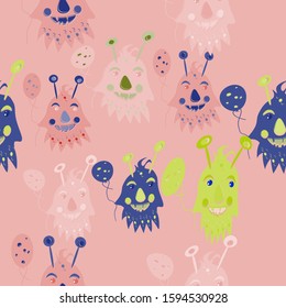 Monsters.Funny cartoon characters Monsters.Pattern.Light background. Vector illustration.Print, web, banner, textiles, packaging material, book illustrations.
