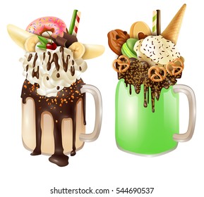 Monstershake Crazy Cocktail Dessert Compositions Set With Ice Cream Shake Donut Sweet Cookies Nuts And Chocolate Vector Illustration