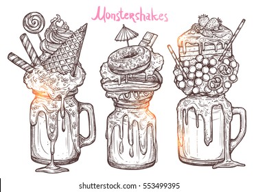 Monstershakes In Graphic Sketch Style. Freak And Crazy Milkshakes. Hand Drawn Creative Dessert