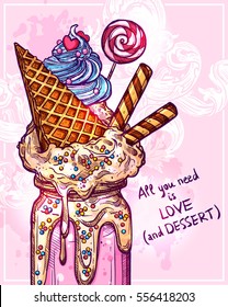 Monstershakes In Sketch Style. Creative Poster With Freak And Crazy Milkshakes And Quote About Dessert