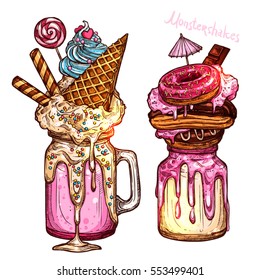 Monstershakes In Sketch Style. Freak And Crazy Milkshakes. Hand Drawn Creative Dessert