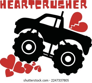 monstertruck crushing hearts vector, boy t shirt design for valentinesday